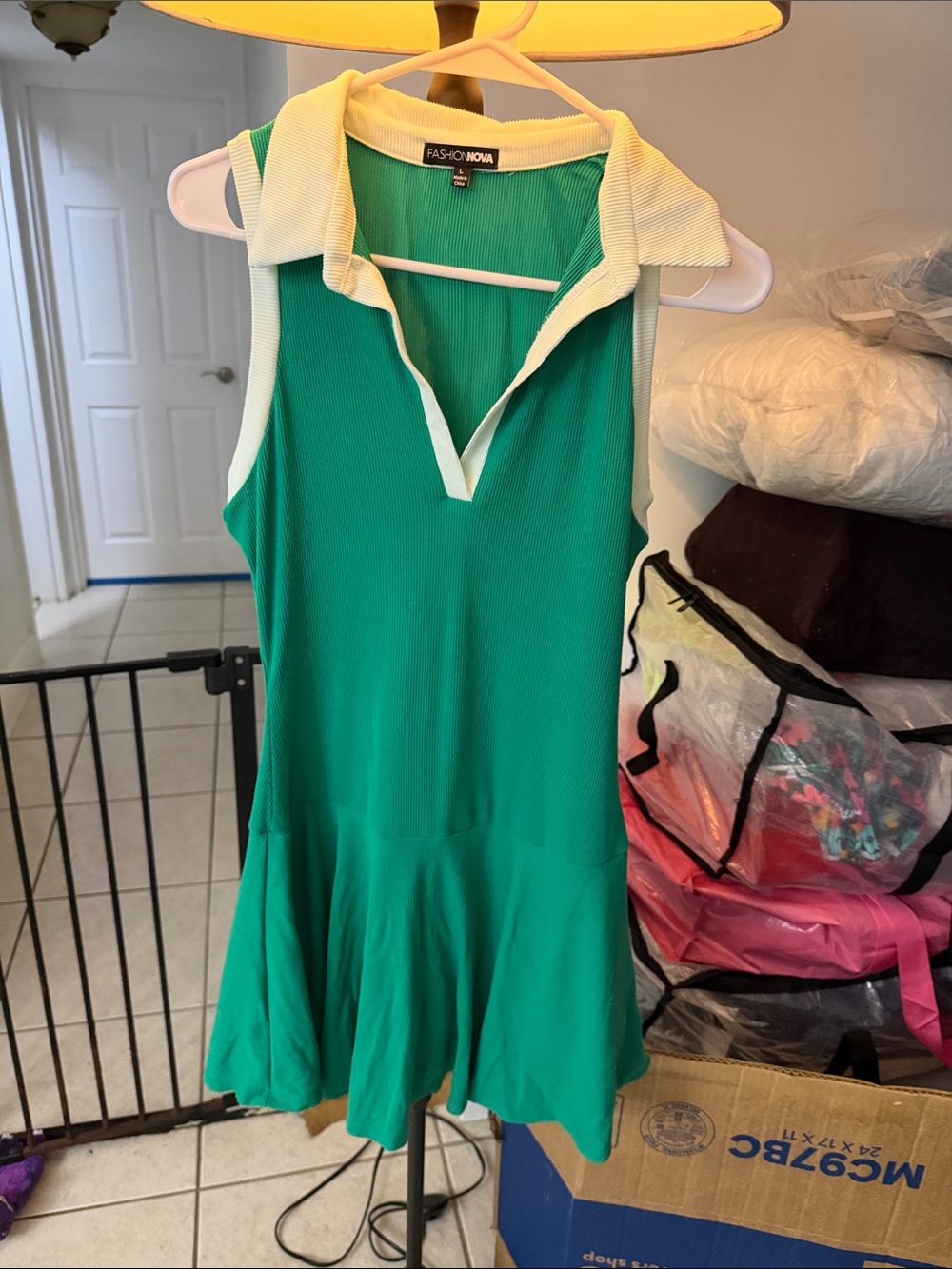 Fashion Nova Emerald Green Sleeveless Polo Dress with Cream Trim